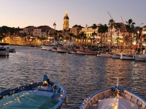 Un gruppo di barche in un porto con le luci di Natale di BELAZUR Entre plage et port a Bandol