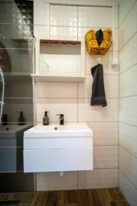 La salle de bains est pourvue d'un lavabo blanc et d'un miroir. dans l'établissement FoxForest Vendégház, à Zalakaros