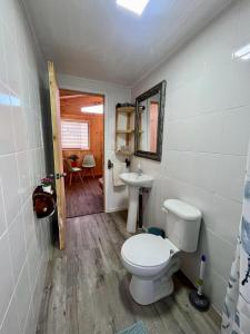 La salle de bains est pourvue de toilettes et d'un lavabo. dans l'établissement Cabañas Quina Nativa, à Quinamávida