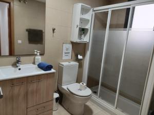 a bathroom with a shower and a toilet and a sink at Piso Andrea in Lloret de Mar