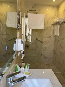 La salle de bains est pourvue d'un lavabo et d'une douche. dans l'établissement Petra Bermudez Hotel, à Wadi Musa