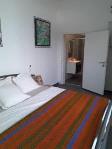 a bedroom with a large bed with a colorful rug at Studio Cozy in Sali Tapé