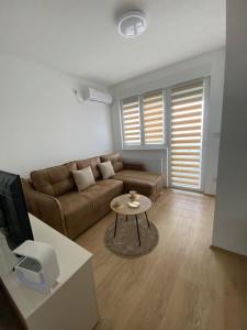 ein Wohnzimmer mit Sofa und Tisch in der Unterkunft Апартман Милица in Banja Koviljača