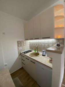 eine weiße Küche mit einer Spüle und einer Theke in der Unterkunft Апартман Милица in Banja Koviljača