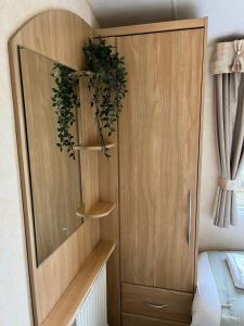 a wooden cabinet with a plant on top of it at Natland Caravan Park in Kendal