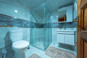 a bathroom with a shower and a toilet and a sink at Gunes Konak Otel Safranbolu in Safranbolu