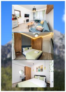 two pictures of a bedroom and a living room at Cross Caraiman View 2 in Buşteni