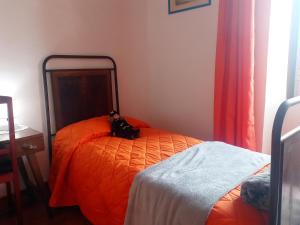una camera da letto con un letto e un piumone arancione di Casetta dei Nonni a Vitorchiano