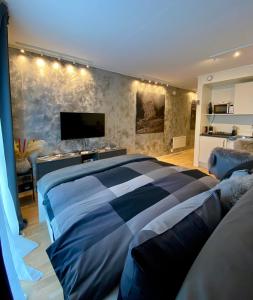 a bedroom with a large bed and a flat screen tv at Experience a Cozy Getaway Near Pulpit Rock-A unit in Strand