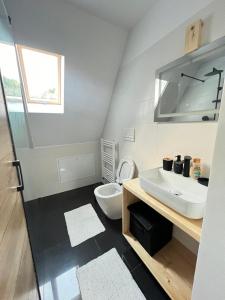 La salle de bains est pourvue d'un lavabo blanc et de toilettes. dans l'établissement CabanA Oscar, à Borşa