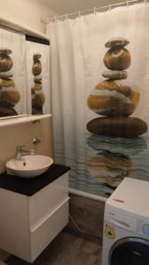 ein Badezimmer mit einem Duschvorhang mit einem Stapel Felsen in der Unterkunft TimE to Relax in Downtown in Mülheim an der Ruhr