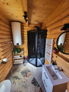 a bathroom with a shower and a sink in a room at Domki Na Grapie - z widokiem na Tatry in PyzÃ³wka