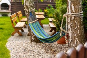 a hammock hanging between two trees in a garden at Nord Jastarnia in Jastarnia