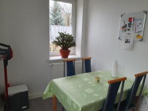 a table and chairs with a green table and a window at Honighof Vierk in Langenleuba-Niederhain