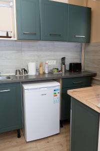a kitchen with green cabinets and a white refrigerator at Norbert 6 in Arad