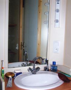 a bathroom sink with a large mirror above it at AGDE chalet sénérité piscine clim 6 PL in Agde