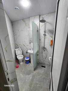 a small bathroom with a toilet and a shower at Hostel Highway in Samarkand