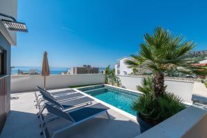a swimming pool with chairs and a palm tree on a balcony at Villa Hillson in Makarska