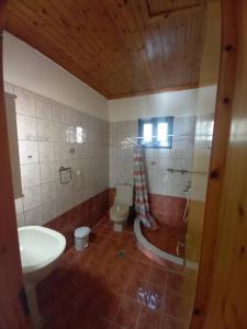 a small bathroom with a toilet and a sink at Villa Savvas in Paralia Vrachou