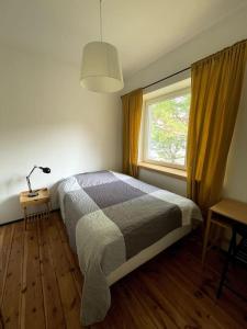 un dormitorio con una cama y una ventana en Pod Modrzewiem, en Sokołowsko