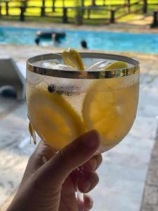 a hand holding a drink with a lemon slice at Casa de campo agradável com piscina, parquinho, lago, riacho, quadra, sinuca e mais! in Juquitiba