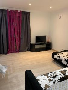 a living room with a flat screen tv and a room with a bed at la maison bel air in Limoux