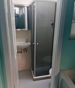 a bathroom with a glass shower and a sink at Casa Azul in Rio das Ostras