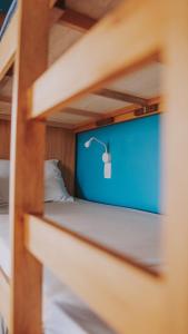 a bunk bed with a bird on the blue wall at Longboard Paradise Surf Club in Rio de Janeiro