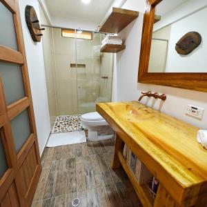 a bathroom with a toilet and a sink and a mirror at Zenith Bed & Breakfast in Pereira