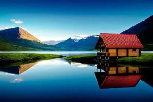 a house on the water with a reflection in the water at Brimnes Bungalows in Ólafsfjörður