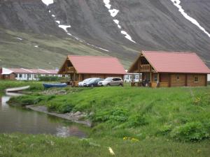 a couple of buildings with cars parked next to a river at Brimnes Bungalows in Ólafsfjörður