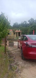 a red car is parked next to a tree at Quintinha do Casal Ruivo in Figueiró dos Vinhos