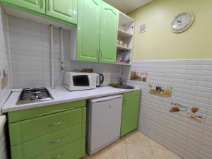 a small kitchen with green cabinets and a microwave at Apartment on Sportivnaya in Bender