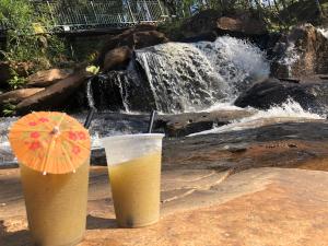 einen Drink und einen Regenschirm neben einem Wasserfall in der Unterkunft Cachoeira do Roncador in São Francisco Xavier