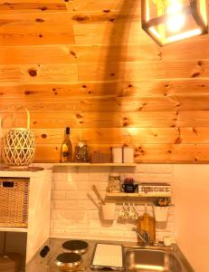 cocina con fregadero y pared de madera en Apartment & Rooms Sweet Dreams, en Žabljak