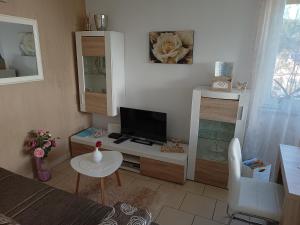un piccolo soggiorno con TV e tavolo di Apartment Luka a Fažana