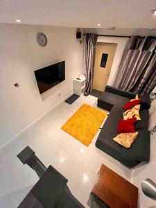 uma sala de estar com um sofá e uma televisão em Impeccable Holiday House in London Sleeps four em Londres
