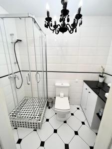 ein Bad mit einem WC und einem Kronleuchter in der Unterkunft Apartament Kameralny15 in Danzig
