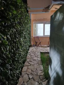 une chambre avec deux chaises et un mur vert dans l'établissement In Apartments AirPort, à Mitrovići