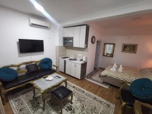 uma sala de estar com um sofá e uma cozinha em In Apartments AirPort em Mitrovići