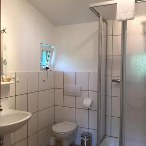 y baño con aseo, lavabo y ducha. en Wolterdinger Hof, en Soltau
