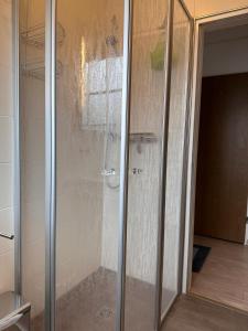 a shower with a glass door in a bathroom at Ferienwohnung Norddeich: Gemütliche Rückzugsoase für 2-4 Personen in Norden