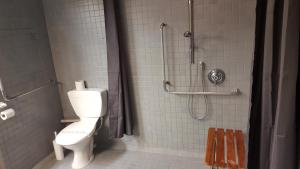 a bathroom with a shower and a toilet in it at Alcamo Motel in Hamilton