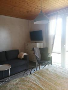 a living room with a couch and a tv at Schönes Appartement in Zierzow mit Grill, Terrasse und Garten in Sietow