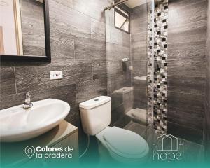uma casa de banho com um WC, um lavatório e um chuveiro em Colores de la pradera by Hope em Guatapé