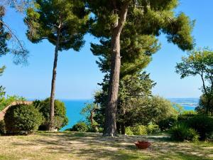 un giardino con alberi e l'oceano sullo sfondo di Villa Sibilla a Sirolo