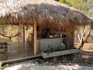 een kleine hut met een keuken en een rieten dak bij Naturnahe Cabina Playa Hermosa, Santa Teresa in Santiago