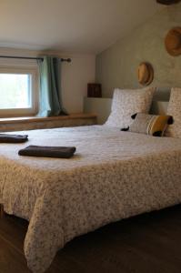 ein Schlafzimmer mit einem Bett mit zwei Kissen und einem Fenster in der Unterkunft Guest house avec vue sur 2 hectares in La Sauvetat-du-Dropt