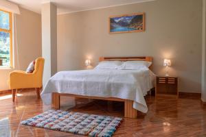 a bedroom with a bed and a chair and a rug at Casa Alojamiento Tocllaraju in Tarica