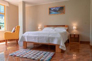 1 dormitorio con 1 cama, 1 silla y 1 alfombra en Casa Alojamiento Tocllaraju, en Tarica